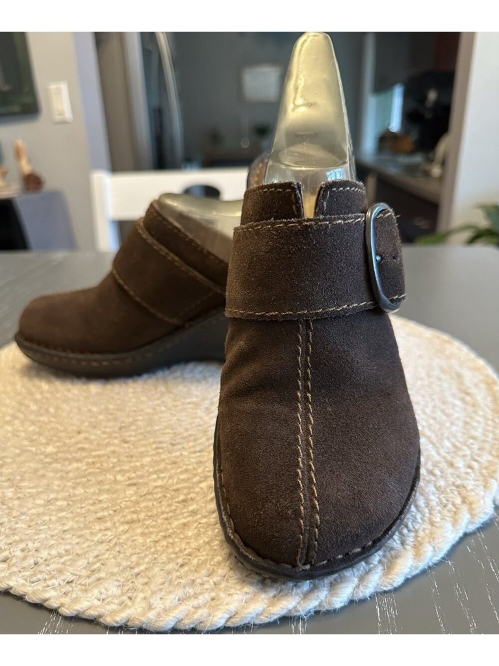 Born Brown Suede Wedge Heal Clogs Strap Buckle Mules W61474 Leather Womens 6 US